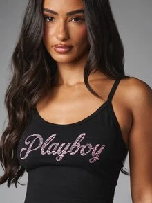 Missguided x Playboy Zebra Print Logo Black Cami Top And Thong Set Lingerie Two Piece Valentine Gift Intimate Underwear - Black - View 5