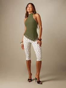 MISSGUIDED Halter Neck Lace Trim Top With Asymmetric Hem And Open Back - Spring Summer Party Night Out Style - Army Green - View 4