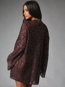 MISSGUIDED Sequin Lace Kimono Cover Up Open Front Bell Sleeve Mini Length Sheer Holiday Party Evening Occasion Outerwear Layer - Coffee Brown - View 2