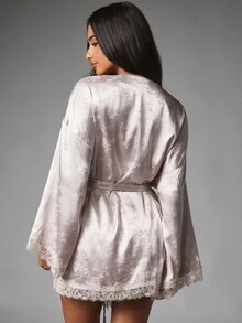 MISSGUIDED Satin Jacquard Floral Kimono Robe With Lace Trim Cuffs And Hem Belted Wrap Style Mini Length Bridal Loungewear - Light Grey - View 2