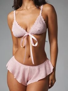MISSGUIDED Lace Bralette With Satin Ribbon Tie And Floral Jacquard Detail Valentine's Day Gift - Baby Pink - View 3