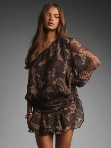 MISSGUIDED One-Shoulder Chiffon Mini Dress With Paisley Floral Print Ruffle Hem And Bell Sleeve Perfect For Fall Party Or Events - Multicolor - View 5