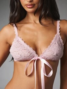 MISSGUIDED Lace Bralette With Satin Ribbon Tie And Floral Jacquard Detail Valentine's Day Gift - Baby Pink - View 4