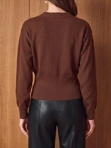 Lost Ink Brown V-Neck Drop Shoulder Long Sleeve Knit Cardigan With Sculptural Gold Tone Buttons And Fitted Ribbed Waist - Brown - View 2