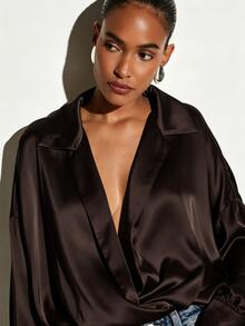 KSTM Satin Wrap Blouse Deep V-Neck Oversized Long Sleeve Shirt Collared Draped Top Fall Winter Party Night Out - Brown - View 5