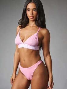 MISSGUIDED Ribbed Triangle Bralette With Logo Elastic Band Valentine Lingerie Underwear - Pink - View 3
