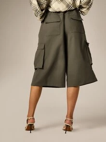AiiRZ Wide Leg Cargo Culottes With Side Patch Pockets Mid Rise Tailored Culotte Trousers Below Knee Length Spring Summer - Army Green - View 5