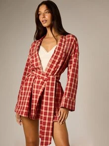 AiiRZ Red Plaid Wrap Robe Jacket With Tie Belt Long Sleeve Collared Mini Length Cozy Lounge Wear Fall Winter Holiday Season - Multicolor - View 1