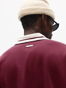 SUMWON Worldwide Plus Size Rugby Sweatshirt With Spread Collar Script Embroidery Badge Detail Long Sleeve Fall Winter Essential - Burgundy - View 5