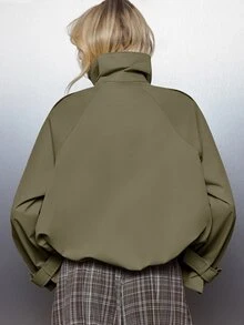 MISSGUIDED Oversized Double-Breasted Cropped Military Jacket With High Funnel Neck Epaulette Shoulders And Button Cuffs For Fall Winter - Army Green - View 6