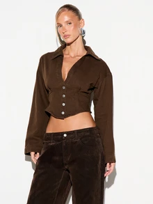 KIZN Cropped Denim Trucker Jacket With Button Front Lapel Collar Lace-Up Back Detail And Long Sleeves Fall Winter - Brown - View 4