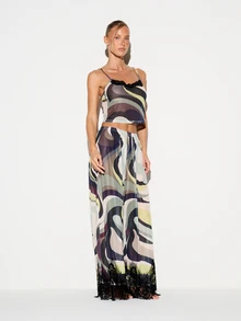 KIZN Swirl Print Chiffon Cami Crop Top And Wide Leg Pants Co-Ord Set With Lace Trim Detail Summer Holiday Two Piece Outfit - Khaki - View 3