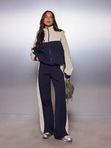 MISSGUIDED جاكيت واقي من الرياح بحجم كبير مع كتل لونية وياقة قائمة وإغلاق بسحاب كامل وأساور مطاطية ملابس خارجية كاجوال للخريف والشتاء - متعدد الألوان - مشاهدة 2