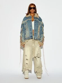 SUMWON WOMEN Winter Layers Oversized Trucker Denim Jacket With Faux Fur Trim Collar Cuffs And Lace-Up Sleeve Detail Hip Length Button Closure Fall Autumn Warm Cozy - Blue - View 3