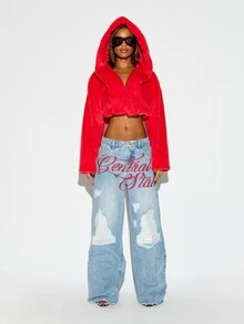 SUMWON WOMEN Central State Embroidered Wide Leg Jeans With Distressed Ripped Details Low Rise Baggy Denim Pants Fall Winter Style - Light Wash - View 2
