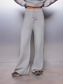 MISSGUIDED Wide Leg Knit Pants With Side Stripe Detailing High Rise Drawstring Waist Cozy Fall Winter Loungewear Palazzo Trousers - Grey - View 3