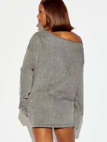 SUMWON WOMEN Oversized Cold Shoulder Long Sleeve Sweatshirt With Studded Cross Applique Washed Effect Boxy Mini Dress Top Style - Dark Grey - View 5