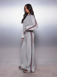 MISSGUIDED Wide Leg Knit Pants With Side Stripe Detailing High Rise Drawstring Waist Cozy Fall Winter Loungewear Palazzo Trousers - Grey - View 2