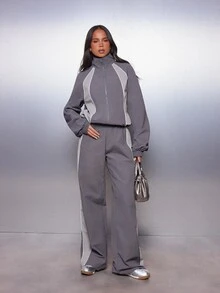 MISSGUIDED Wide Leg Jogger Pants With Contrast Side Panel And Piping Detail Elasticated Waist Full Length Casual Trousers - Grey - View 5
