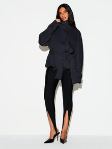 KIZN Oversized High Neck Belted Jacket With Button Front Closure Wide Cuffs And Tie Waist For Fall Winter - Navy Blue - View 5