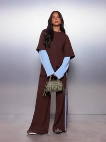 MISSGUIDED ملابس علوية فضفاضة بنسيج وافل مع كتل لونية وأكمام طويلة باللون الأزرق الفاتح المتباين وياقة دائرية للارتداء اليومي العادي في فصلي الخريف والشتاء - بني - مشاهدة 3