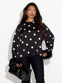 FASHION SZN PLUS SIZE POLKA DOT FEATHER TRIM BLOUSE - Black - View 5