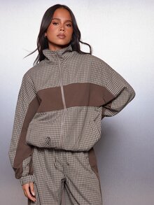 MISSGUIDED Oversized Checked Puffer Jacket With Stand Collar Full Zip Closure Color Block Panel Detail Autumn Winter Outerwear - Multicolor - View 1