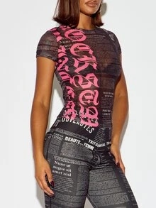 SUMWON WOMEN Newspaper Print Mesh Crew Neck Short Sleeve Slim Fit Top With Hot Pink Gothic Graffiti Letter Overlay Front Print - Black - View 2
