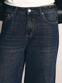 KSTM Celana Jeans Denim Warna Gelap Model Lebar dengan Pinggang Tinggi, Desain Lima Saku, dan Potongan Longgar Panjang Penuh untuk Gaya Kasual Sehari-hari - Dark Wash - View 7