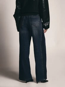 KSTM Celana Jeans Denim Warna Gelap Model Lebar dengan Pinggang Tinggi, Desain Lima Saku, dan Potongan Longgar Panjang Penuh untuk Gaya Kasual Sehari-hari - Dark Wash - View 4