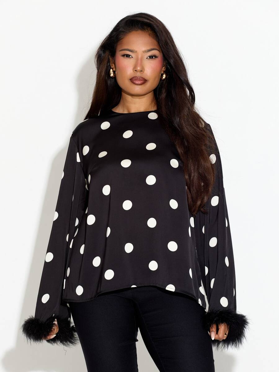 FASHION SZN PLUS SIZE POLKA DOT FEATHER TRIM BLOUSE - Black - View 1
