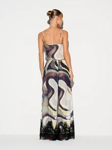 KIZN Swirl Print Chiffon Cami Crop Top And Wide Leg Pants Co-Ord Set With Lace Trim Detail Summer Holiday Two Piece Outfit - Khaki - View 2