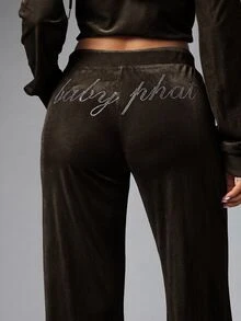 BABYPHAT Velour Wide Leg Tracksuit Pants With Rhinestone Logo Detail And Drawstring Waist Fall Winter Loungewear - Chocolate Brown - View 3
