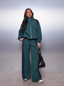 MISSGUIDED Wide Leg Pull-On Pants With Contrast Side Panel Drawstring Waist Relaxed Fit Full Length Trousers Fall Winter - Dark Green - View 4