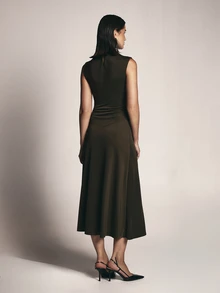 KSTM Sleeveless High Neck Midi Dress With Diagonal Seam Detail Fit And Flare Silhouette Elegant Fall Winter Style - Army Green - View 2