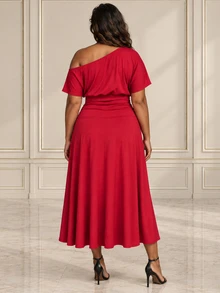 ELLERISSA Plus Size Red Off Shoulder Short Sleeve Ruched Waist A-Line Maxi Dress - Red - View 2