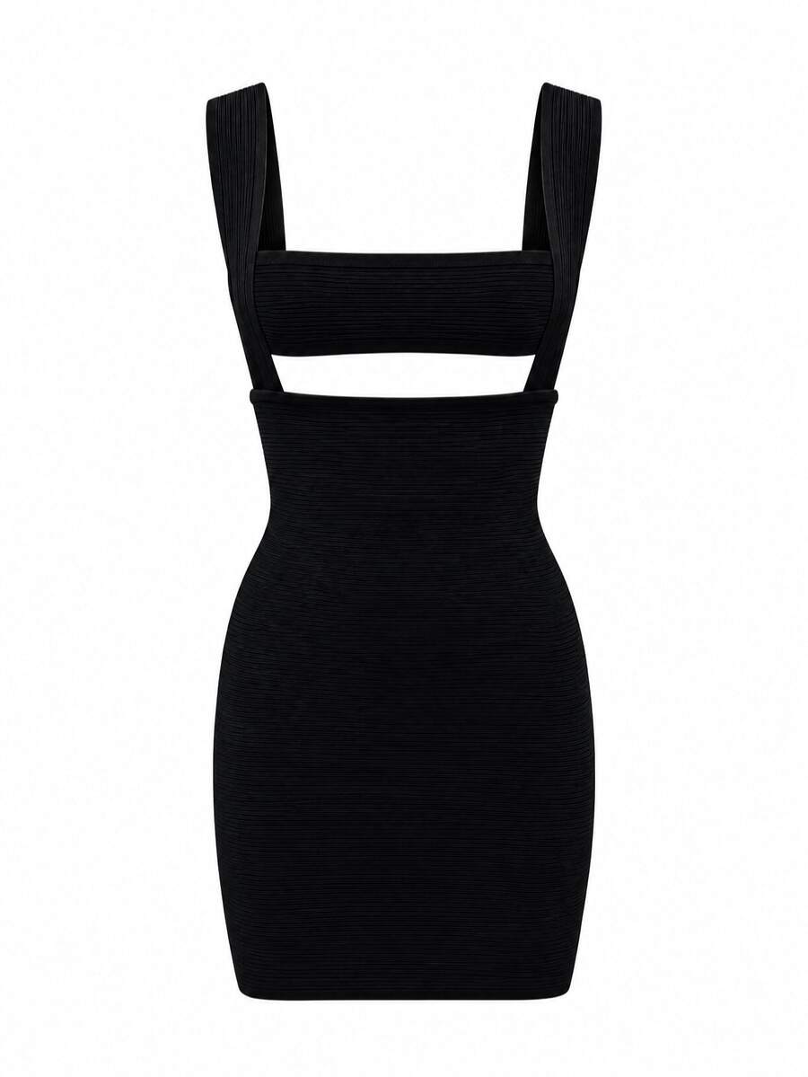 SUMWON WOMEN Ribbed Knit Bodycon Mini Dress With Square Neck Cut-Out Detail And Wide Straps Perfect For Party Night Out - Black - View 1
