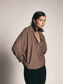 KSTM Oversized Collared Bodysuit With Batwing Long Sleeves Partial Button Placket Relaxed Draped Silhouette Fall Winter Essential - Brown - View 4