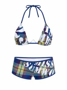 SUMWON WOMEN Triangle Halter Bikini Set With Plaid AOP Print And Boy Short Bottoms Summer Beach Vacation Two Piece Swimwear - Multicolor - View 1
