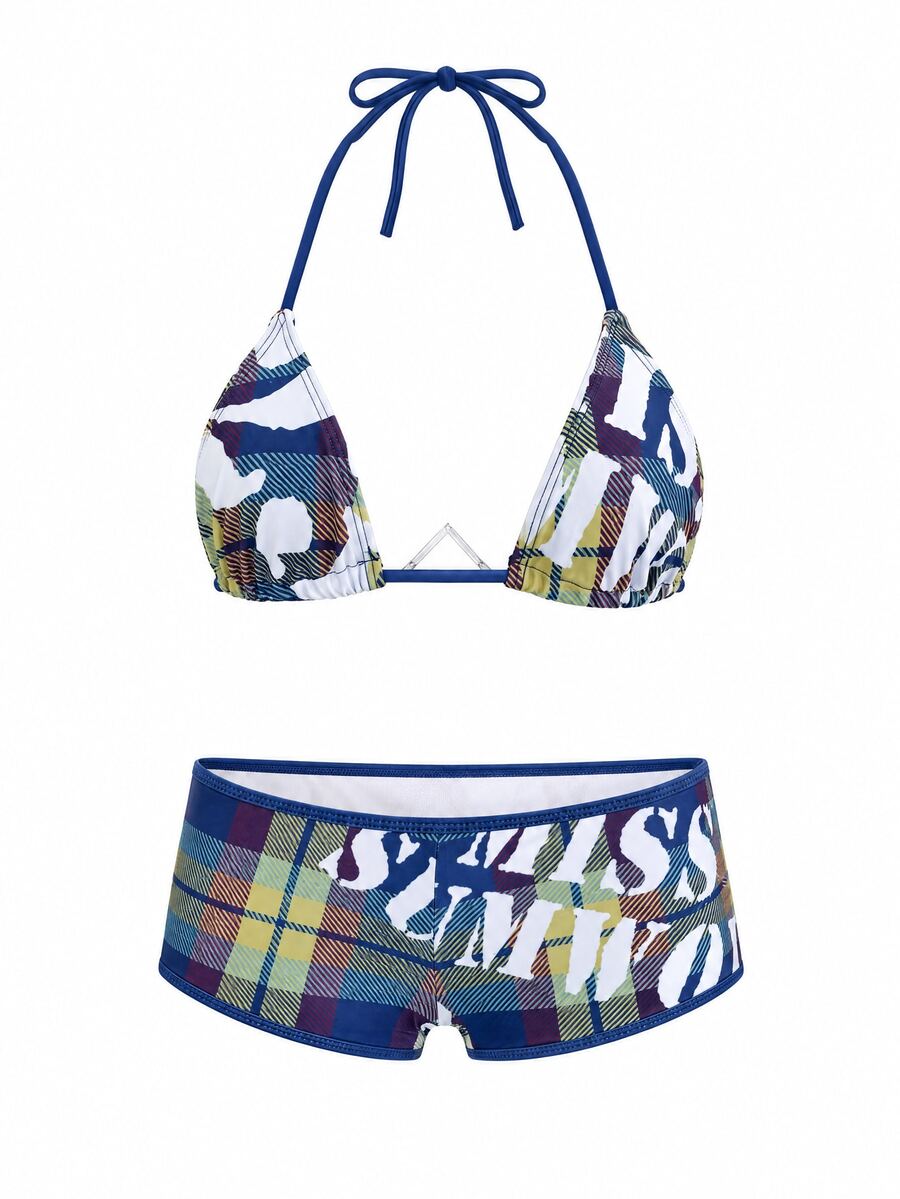 SUMWON WOMEN Triangle Halter Bikini Set With Plaid AOP Print And Boy Short Bottoms Summer Beach Vacation Two Piece Swimwear - Multicolor - View 1