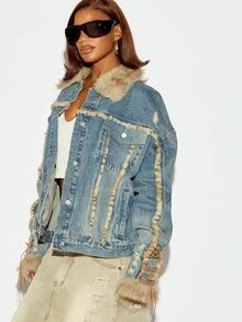 SUMWON WOMEN Winter Layers Oversized Trucker Denim Jacket With Faux Fur Trim Collar Cuffs And Lace-Up Sleeve Detail Hip Length Button Closure Fall Autumn Warm Cozy - Blue - View 2