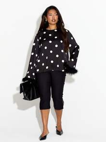 FASHION SZN PLUS SIZE POLKA DOT FEATHER TRIM BLOUSE - Black - View 2