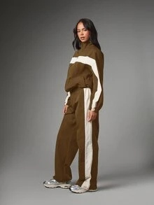 MISSGUIDED Wide Leg Track Pants With Contrast Side Stripe Panel Elastic Waist Relaxed Fit Pull On Style Fall Winter - Mocha Brown - View 1