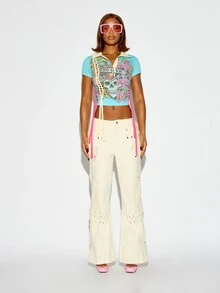 SUMWON WOMEN Low Rise Flared Cargo Pants With Metal Eyelet Details Strap Accents And Multi Pocket Design Perfect For Festival And Summer Street Style - Beige - View 3