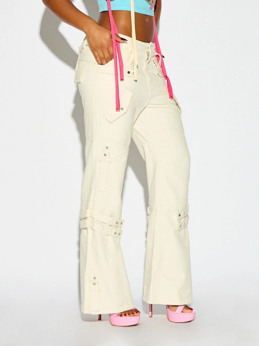 SUMWON WOMEN Low Rise Flared Cargo Pants With Metal Eyelet Details Strap Accents And Multi Pocket Design Perfect For Festival And Summer Street Style - Beige - View 1
