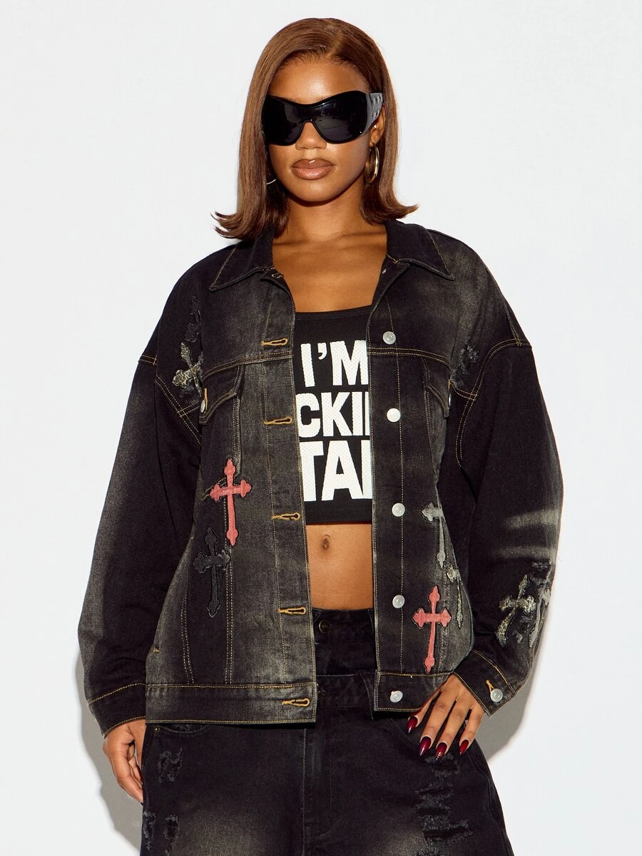 SUMWON WOMEN Oversized Dark Wash Denim Trucker Jacket With Cross Applique And Baddie Back Graphic Detail Fall Winter Outerwear - Black - View 1