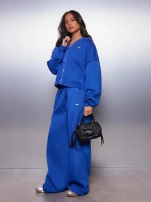 MISSGUIDED Wide Leg Fleece Sweatpants With Drawstring Waist And Side Pockets Full Length Casual Comfort Loungewear - Royal Blue - View 2