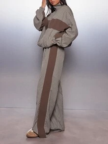 MISSGUIDED Wide Leg Checked Casual Pants With Contrast Color Block Side Panel And Drawstring Elastic Waist Full Length Relaxed Fit Fall Winter Trousers - Brown - View 4