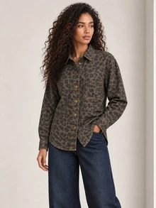 ELLERISSA Brown Leopard Print Collared Long Sleeve Snap Button Denim Shirt - Multicolor - View 3