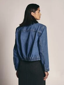 KSTM Classic Trucker Denim Jacket With Button Closure Chest Pockets Elastic Hem Lapel Collar Hip Length Regular Fit Fall Winter Layering Essential - Medium Wash - View 2